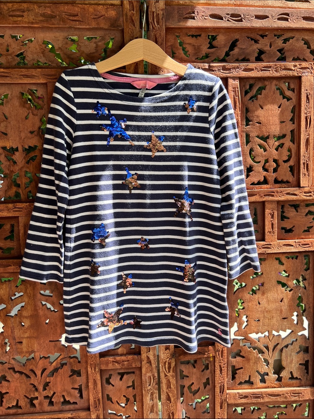 Joules Navy & White Striped Long Sleeve Top with Blue and Bronze Sequin Stars